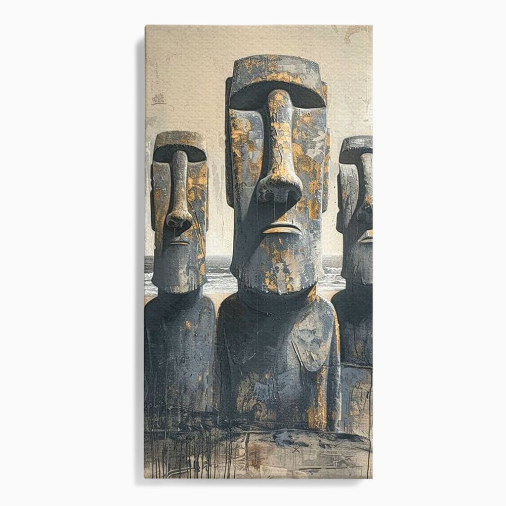 Tablou canvas cu statui moai din piatra, fara rama, pe sasiu de lemn